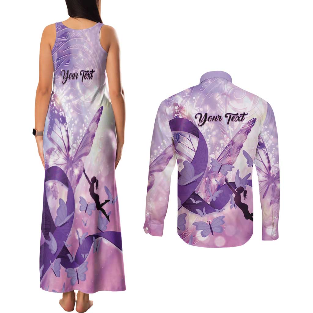 Personalized Polynesian Lupus Awareness Couples Matching Tank Maxi Dress and Long Sleeve Button Shirt Butterfly Hologram Lupus Warrior