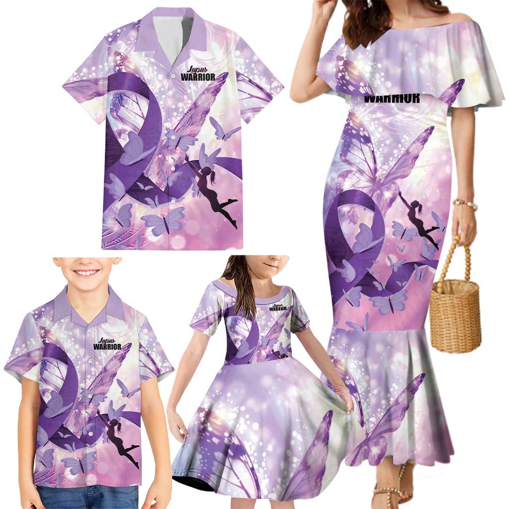 Personalized Polynesian Lupus Awareness Family Matching Mermaid Dress and Hawaiian Shirt Butterfly Hologram Lupus Warrior LT01 - Polynesian Pride