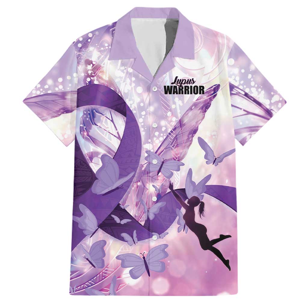 Personalized Polynesian Lupus Awareness Family Matching Mermaid Dress and Hawaiian Shirt Butterfly Hologram Lupus Warrior LT01 Dad's Shirt - Short Sleeve Purple - Polynesian Pride