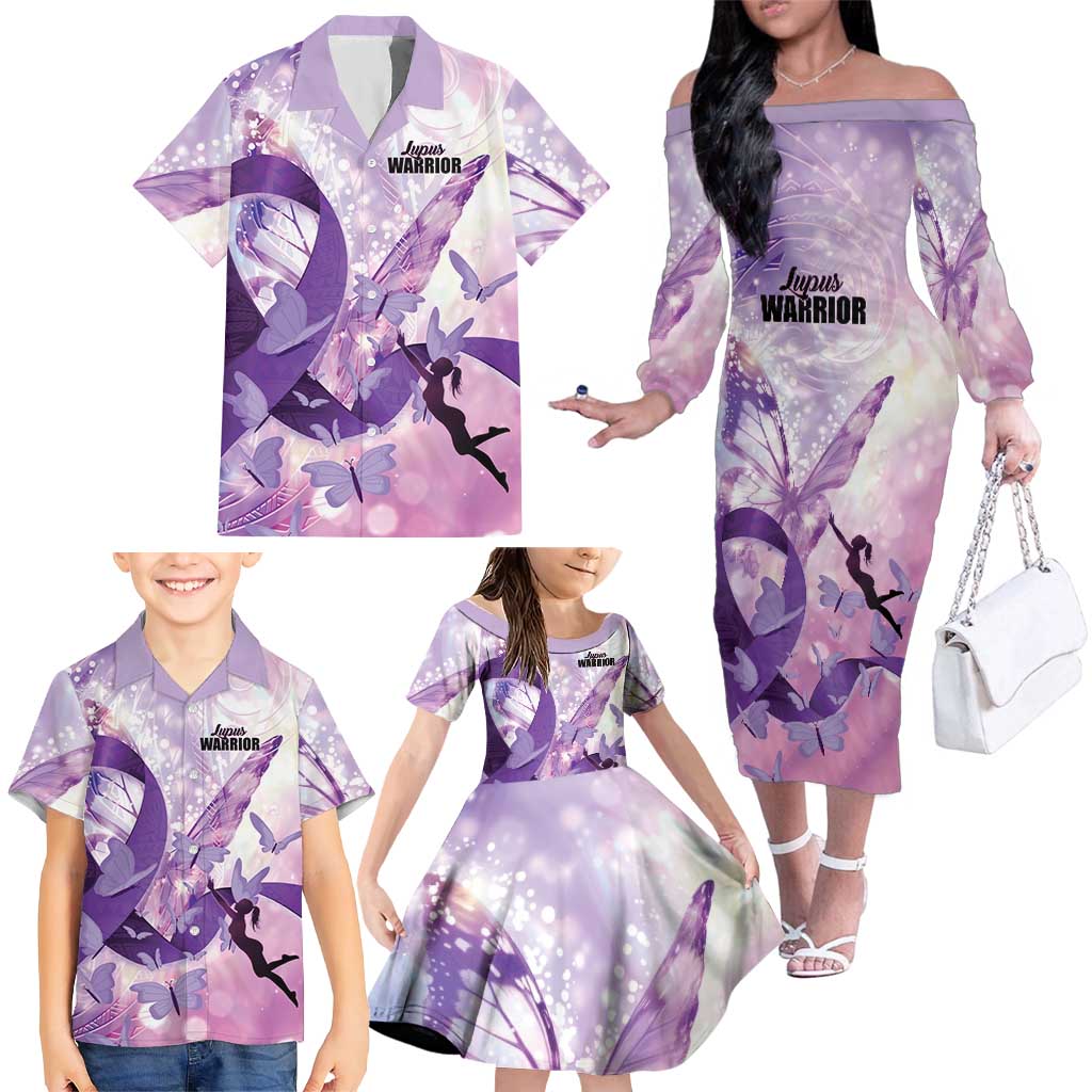 Personalized Polynesian Lupus Awareness Family Matching Off The Shoulder Long Sleeve Dress and Hawaiian Shirt Butterfly Hologram Lupus Warrior LT01 - Polynesian Pride