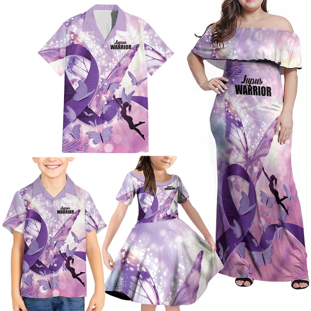 Personalized Polynesian Lupus Awareness Family Matching Off Shoulder Maxi Dress and Hawaiian Shirt Butterfly Hologram Lupus Warrior