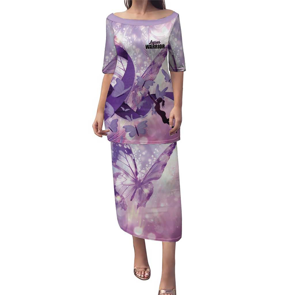 Personalized Polynesian Lupus Awareness Family Matching Puletasi and Hawaiian Shirt Butterfly Hologram Lupus Warrior LT01 Mom's Dress Purple - Polynesian Pride