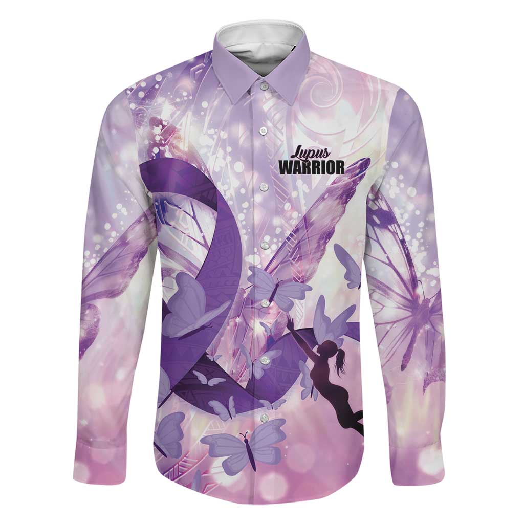Personalized Polynesian Lupus Awareness Family Matching Summer Maxi Dress and Hawaiian Shirt Butterfly Hologram Lupus Warrior LT01 Dad's Shirt - Long Sleeve Purple - Polynesian Pride
