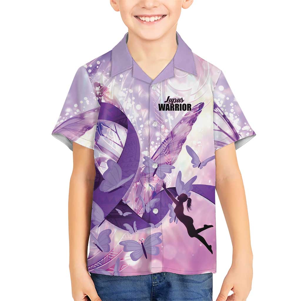 Personalized Polynesian Lupus Awareness Family Matching Tank Maxi Dress and Hawaiian Shirt Butterfly Hologram Lupus Warrior LT01 Son's Shirt Purple - Polynesian Pride