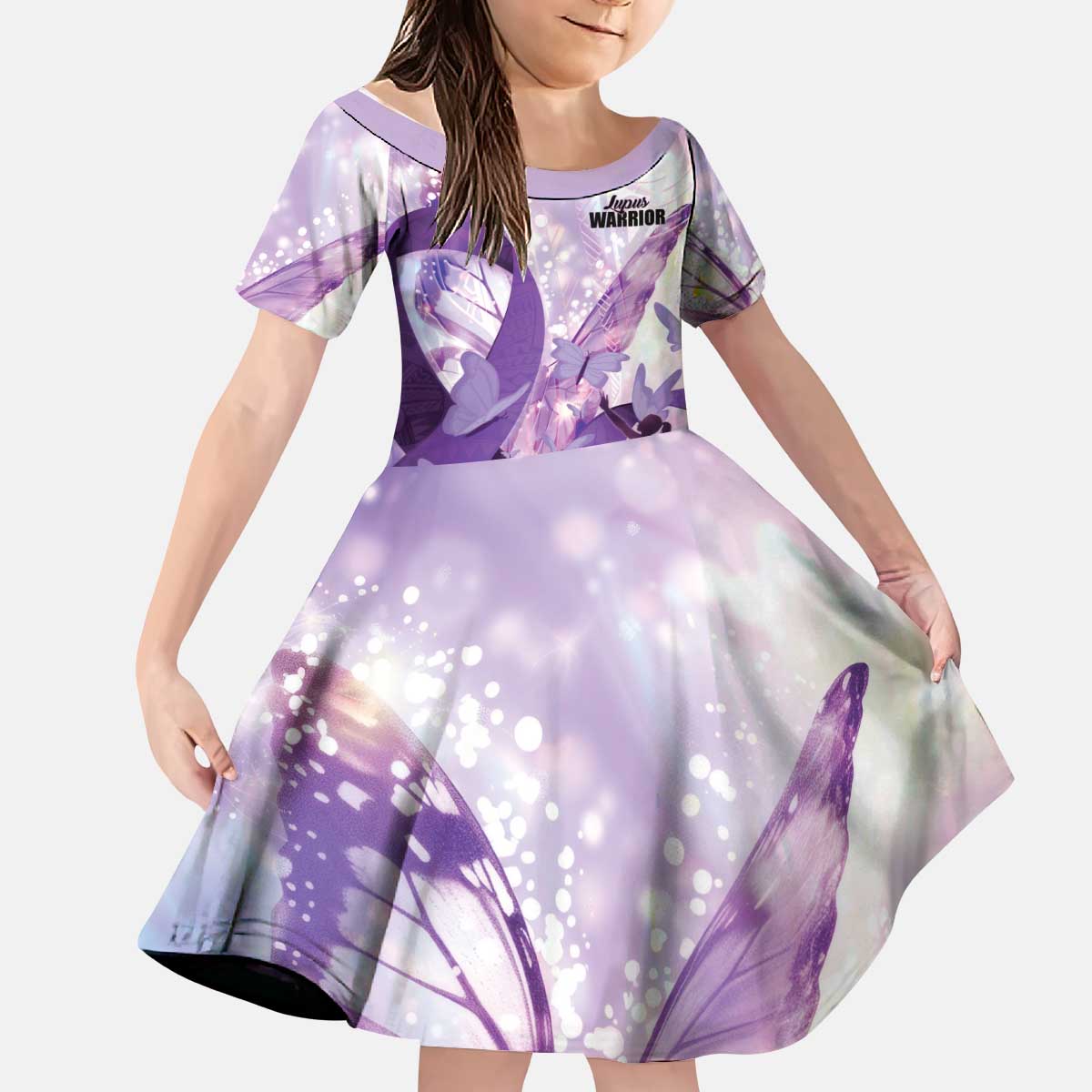 Personalized Polynesian Lupus Awareness Kid Short Sleeve Dress Butterfly Hologram Lupus Warrior