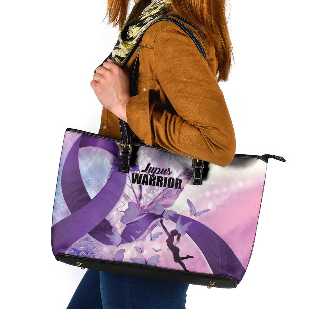 Polynesian Lupus Awareness Leather Tote Bag Butterfly Hologram Lupus Warrior