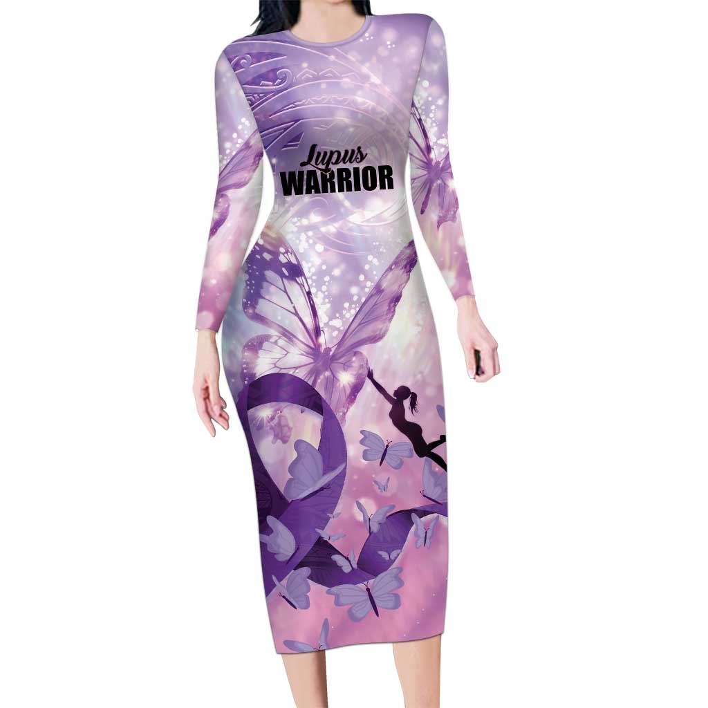 Personalized Polynesian Lupus Awareness Long Sleeve Bodycon Dress Butterfly Hologram Lupus Warrior LT01 Long Dress Purple - Polynesian Pride