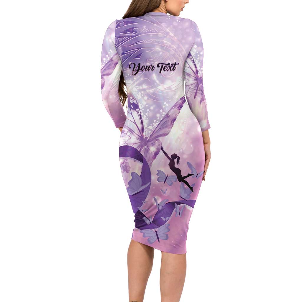 Personalized Polynesian Lupus Awareness Long Sleeve Bodycon Dress Butterfly Hologram Lupus Warrior LT01 - Polynesian Pride