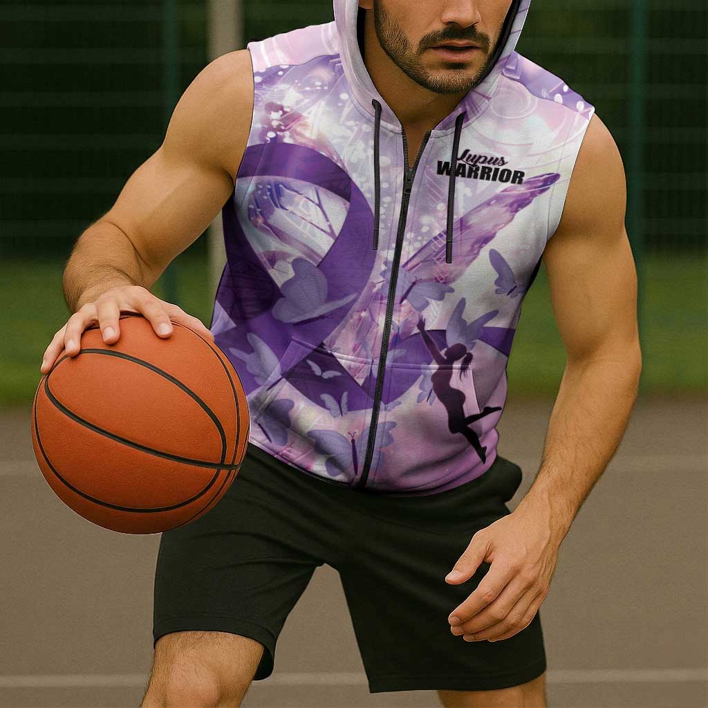 Personalized Polynesian Lupus Awareness Sleeveless Zip Hoodie Butterfly Hologram Lupus Warrior