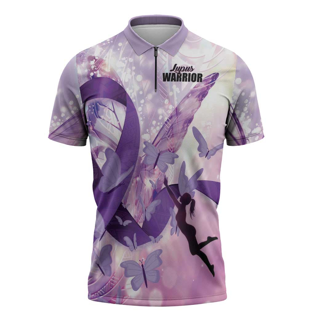 Personalized Polynesian Lupus Awareness Zipper Polo Shirt Butterfly Hologram Lupus Warrior
