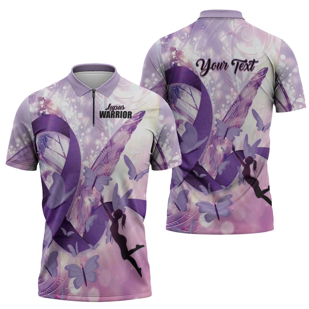 Personalized Polynesian Lupus Awareness Zipper Polo Shirt Butterfly Hologram Lupus Warrior