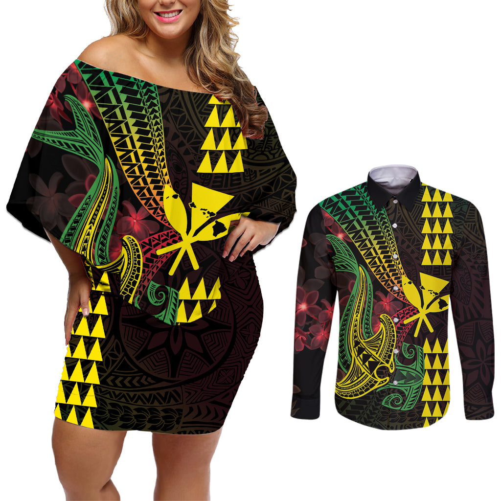 Hawaii Kakau Hammerhead Shark Couples Matching Off Shoulder Short Dress and Long Sleeve Button Shirt Neon Plumeria Pattern