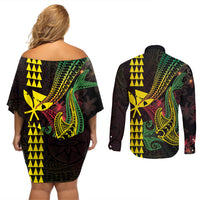 Hawaii Kakau Hammerhead Shark Couples Matching Off Shoulder Short Dress and Long Sleeve Button Shirt Neon Plumeria Pattern
