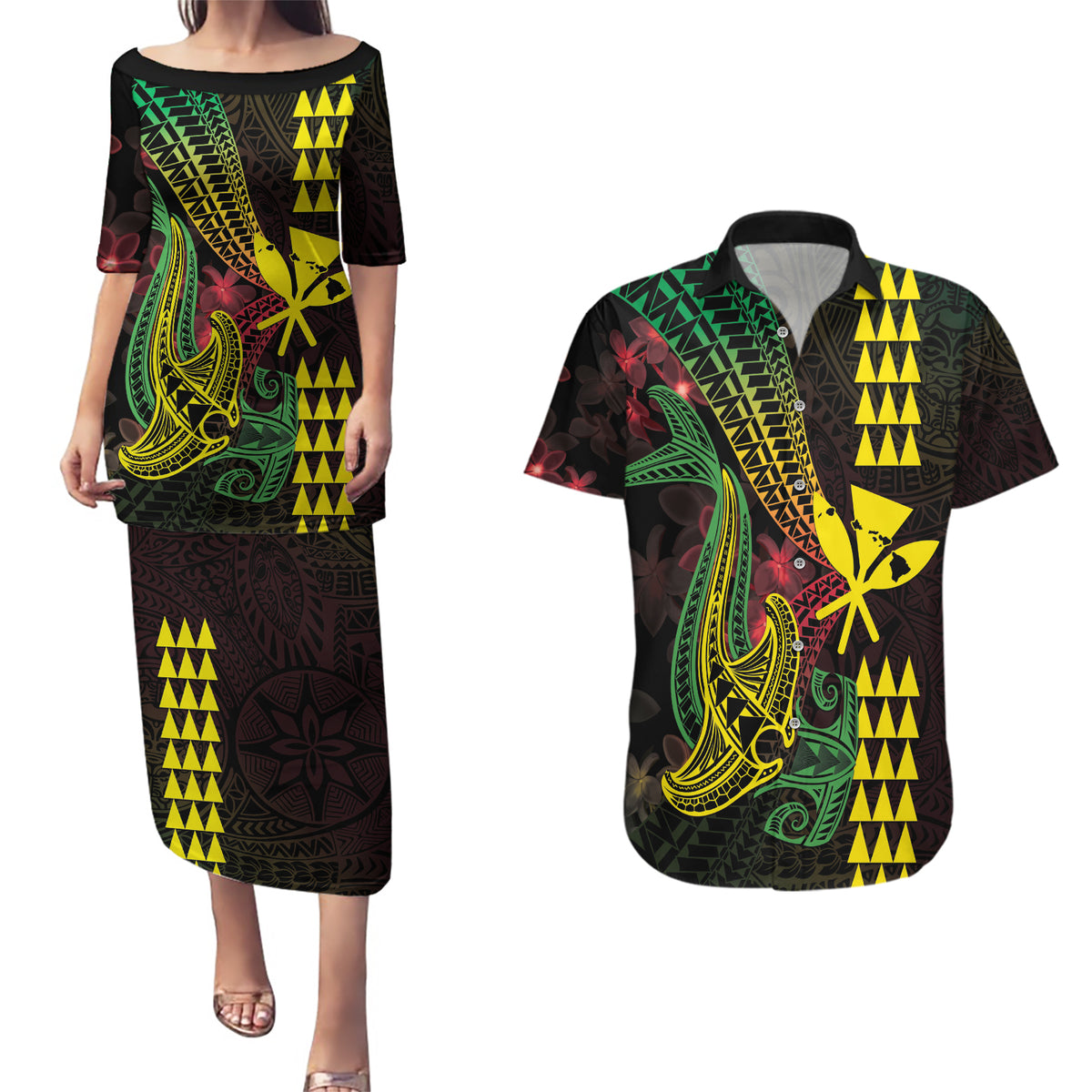Hawaii Kakau Hammerhead Shark Couples Matching Puletasi and Hawaiian Shirt Neon Plumeria Pattern