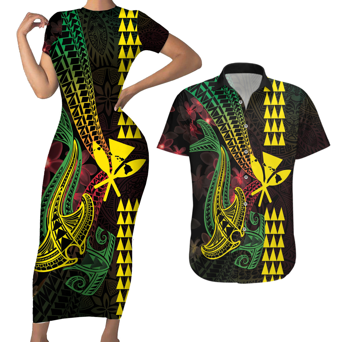 Hawaii Kakau Hammerhead Shark Couples Matching Short Sleeve Bodycon Dress and Hawaiian Shirt Neon Plumeria Pattern LT01 Black - Polynesian Pride