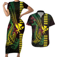 Hawaii Kakau Hammerhead Shark Couples Matching Short Sleeve Bodycon Dress and Hawaiian Shirt Neon Plumeria Pattern LT01 Black - Polynesian Pride
