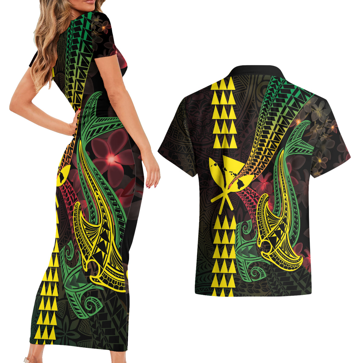 Hawaii Kakau Hammerhead Shark Couples Matching Short Sleeve Bodycon Dress and Hawaiian Shirt Neon Plumeria Pattern LT01 - Polynesian Pride