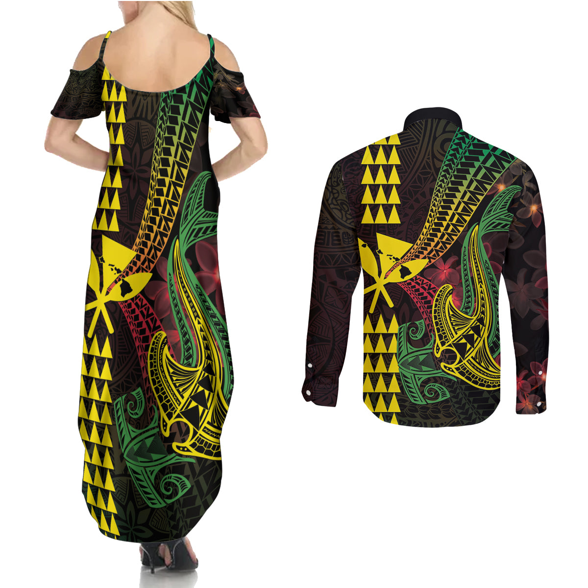 Hawaii Kakau Hammerhead Shark Couples Matching Summer Maxi Dress and Long Sleeve Button Shirt Neon Plumeria Pattern