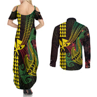 Hawaii Kakau Hammerhead Shark Couples Matching Summer Maxi Dress and Long Sleeve Button Shirt Neon Plumeria Pattern