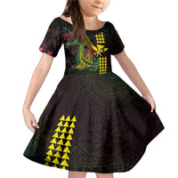Hawaii Kakau Hammerhead Shark Family Matching Mermaid Dress and Hawaiian Shirt Neon Plumeria Pattern LT01 Daughter's Dress Black - Polynesian Pride