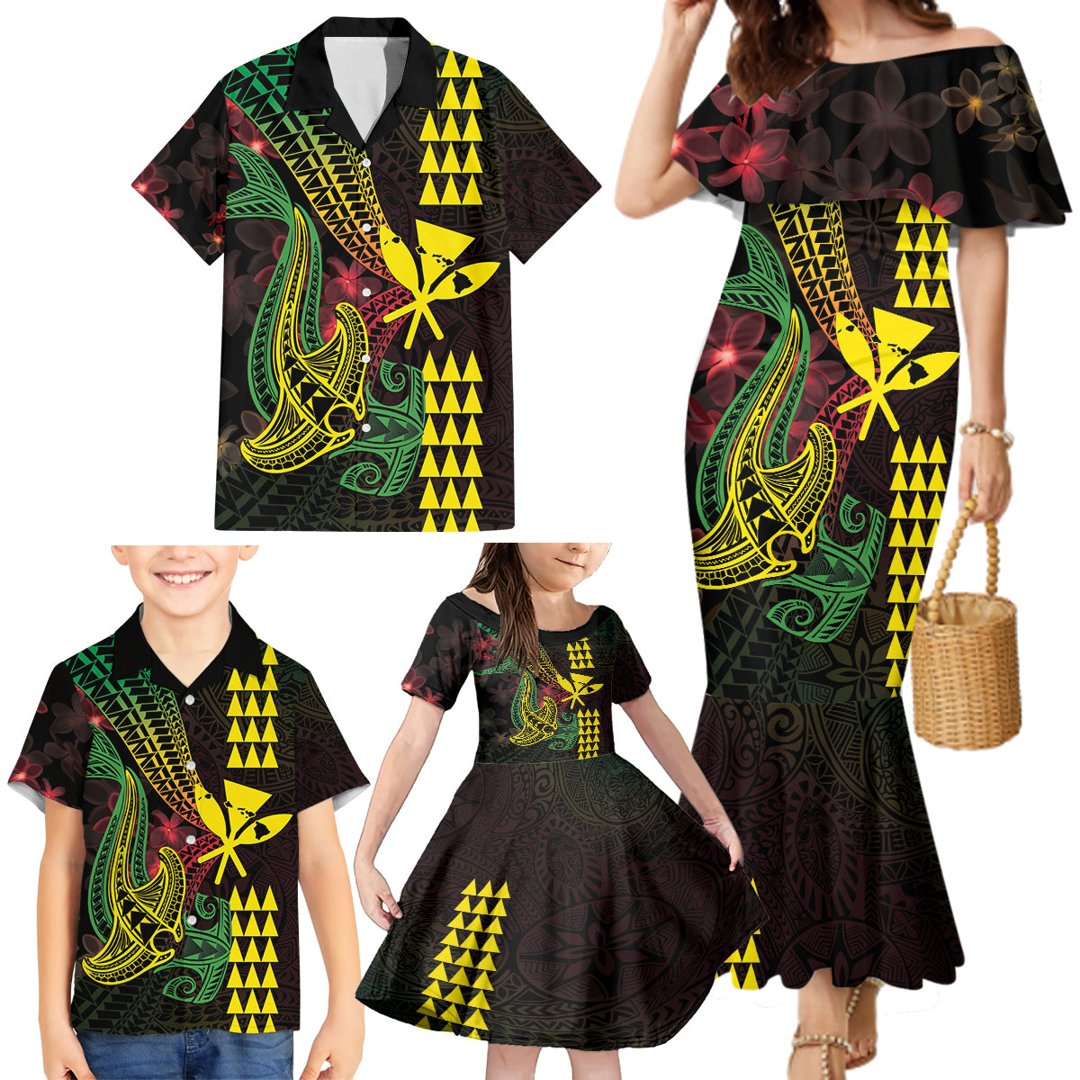 Hawaii Kakau Hammerhead Shark Family Matching Mermaid Dress and Hawaiian Shirt Neon Plumeria Pattern
