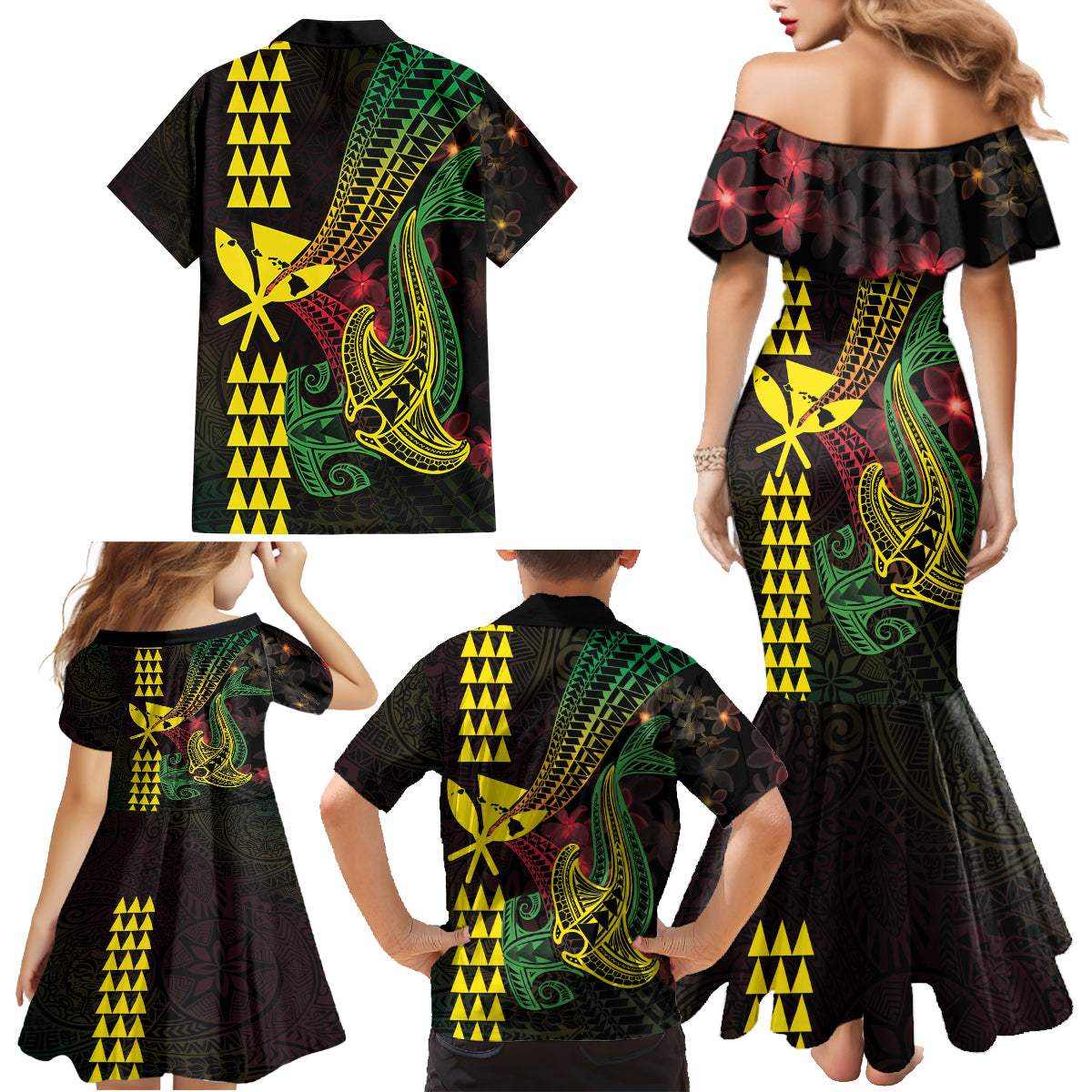 Hawaii Kakau Hammerhead Shark Family Matching Mermaid Dress and Hawaiian Shirt Neon Plumeria Pattern LT01 - Polynesian Pride