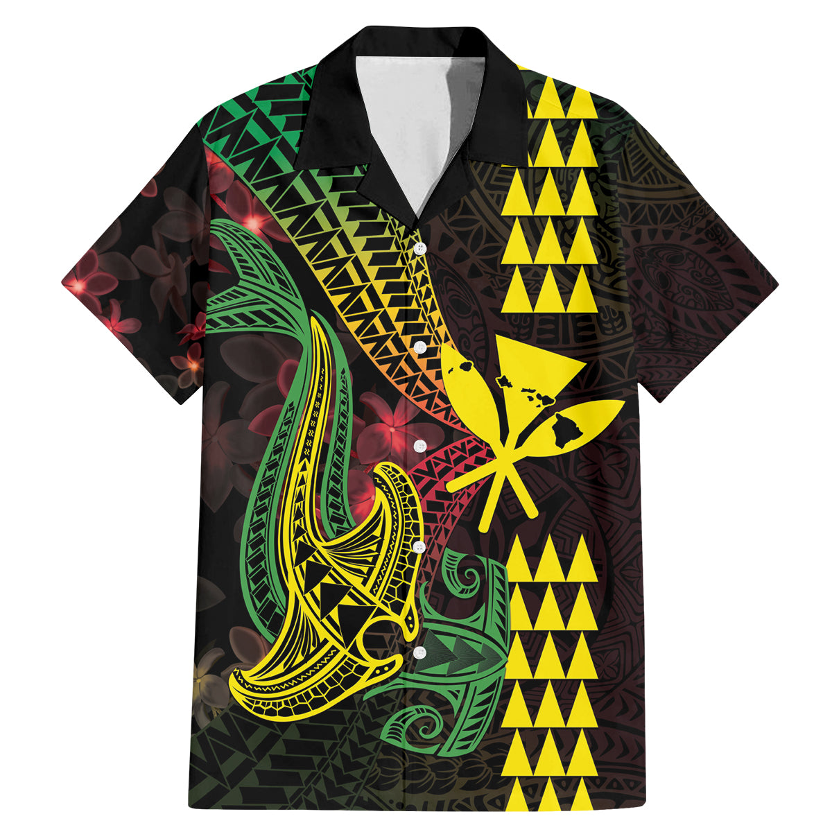 Hawaii Kakau Hammerhead Shark Family Matching Mermaid Dress and Hawaiian Shirt Neon Plumeria Pattern LT01 Dad's Shirt - Short Sleeve Black - Polynesian Pride