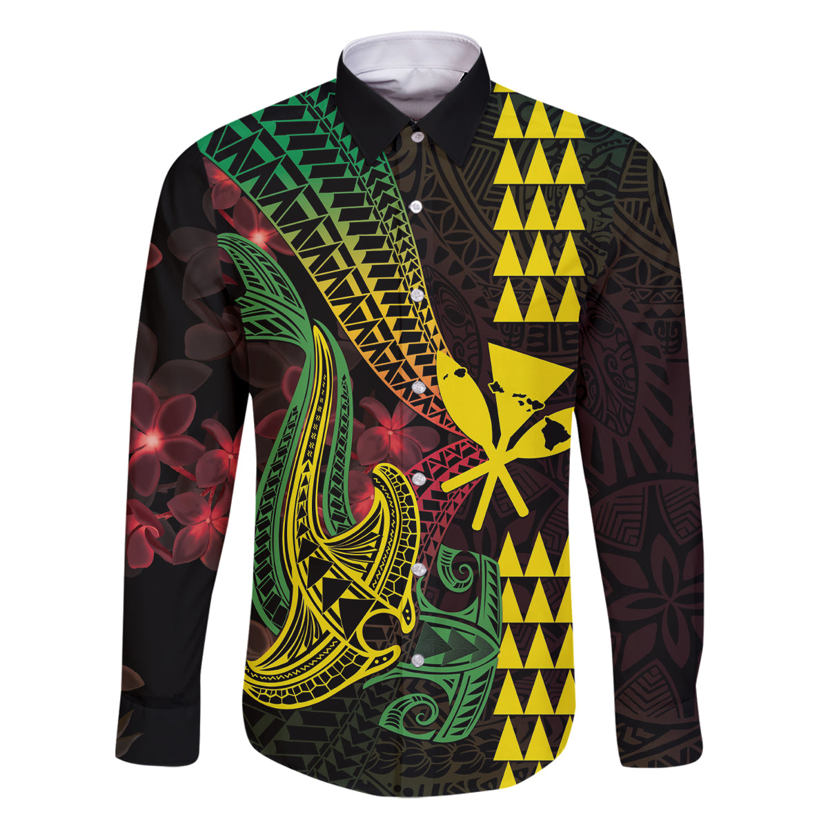 Hawaii Kakau Hammerhead Shark Family Matching Mermaid Dress and Hawaiian Shirt Neon Plumeria Pattern LT01 Dad's Shirt - Long Sleeve Black - Polynesian Pride