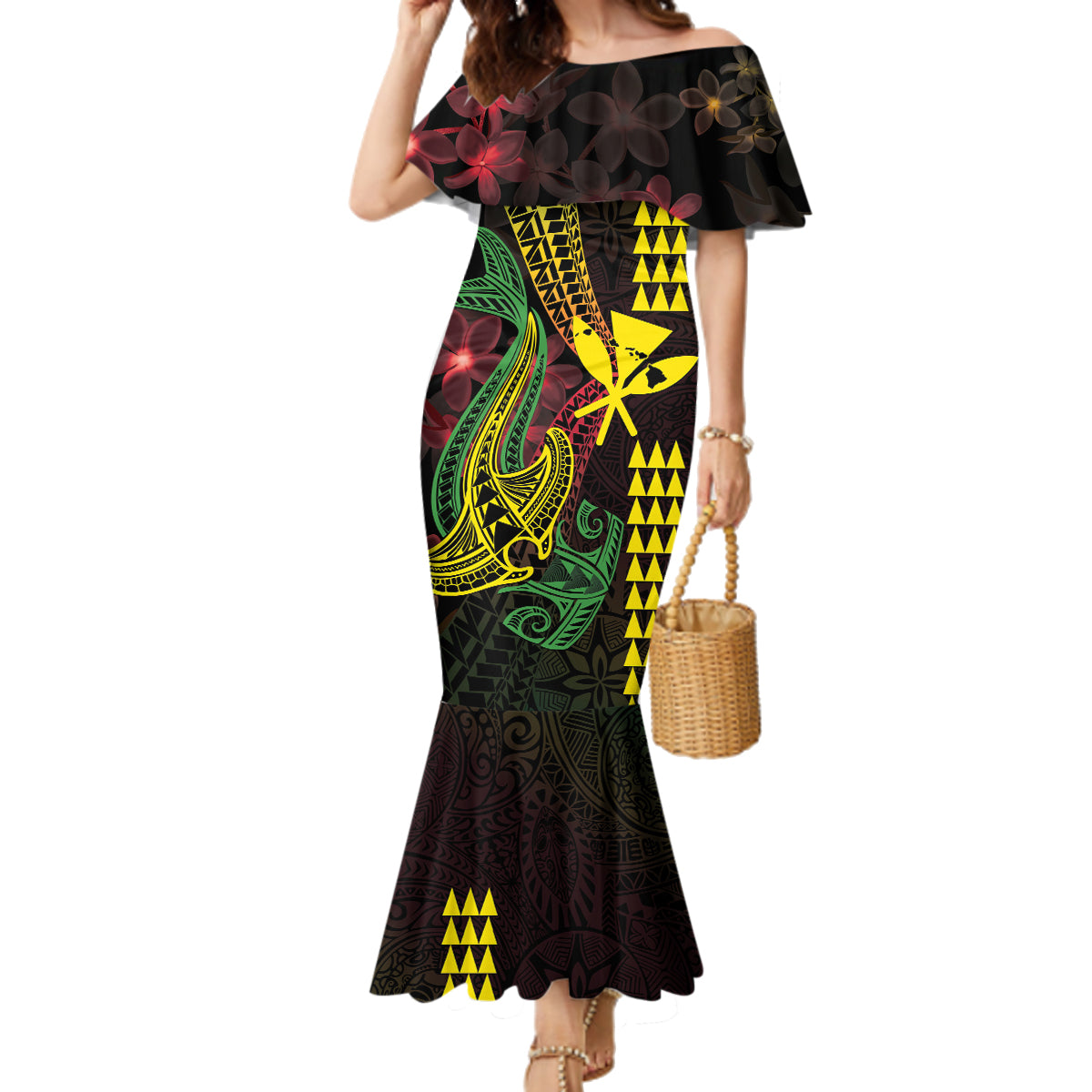 Hawaii Kakau Hammerhead Shark Family Matching Mermaid Dress and Hawaiian Shirt Neon Plumeria Pattern LT01 Mom's Dress Black - Polynesian Pride