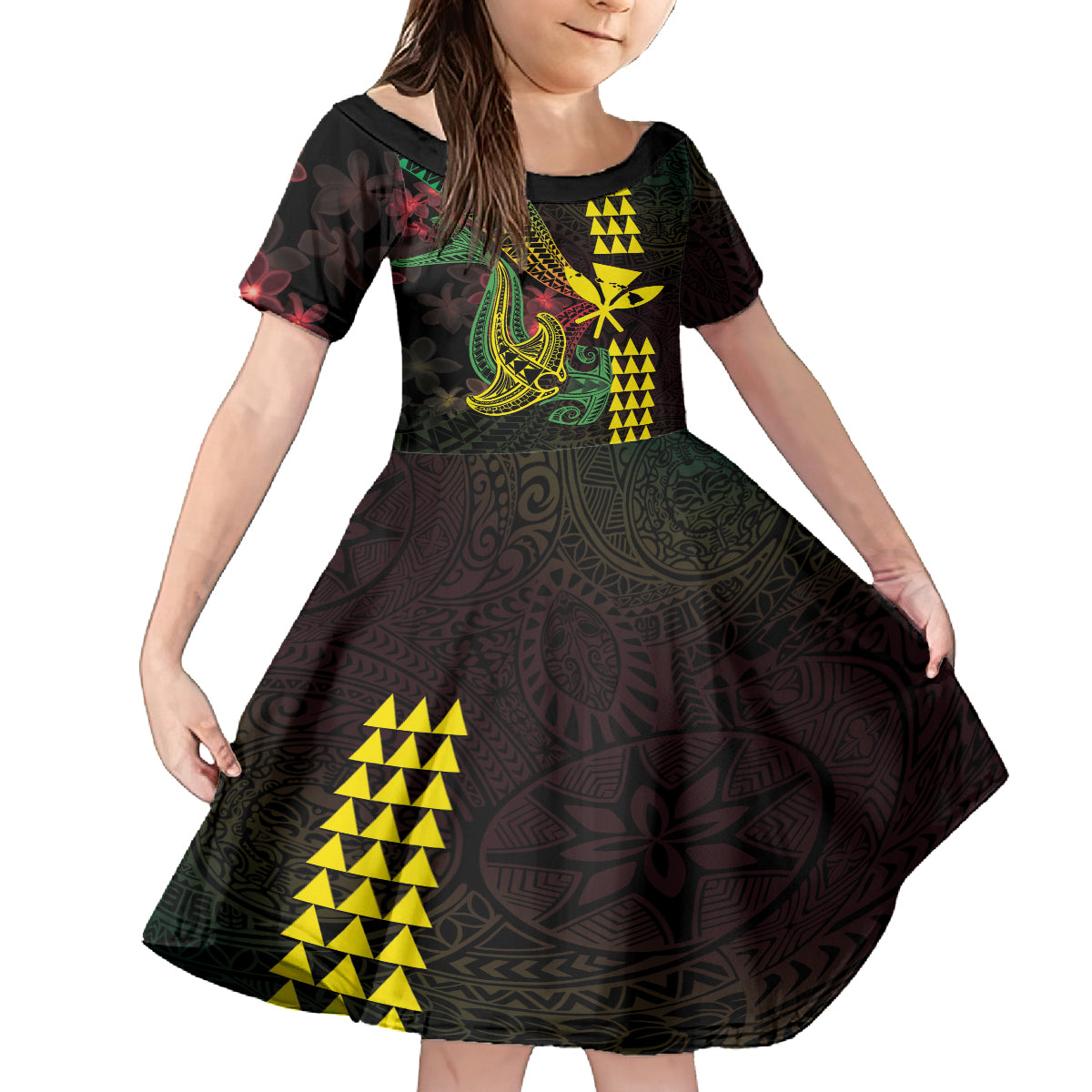 Hawaii Kakau Hammerhead Shark Family Matching Off Shoulder Maxi Dress and Hawaiian Shirt Neon Plumeria Pattern LT01 Daughter's Dress Black - Polynesian Pride