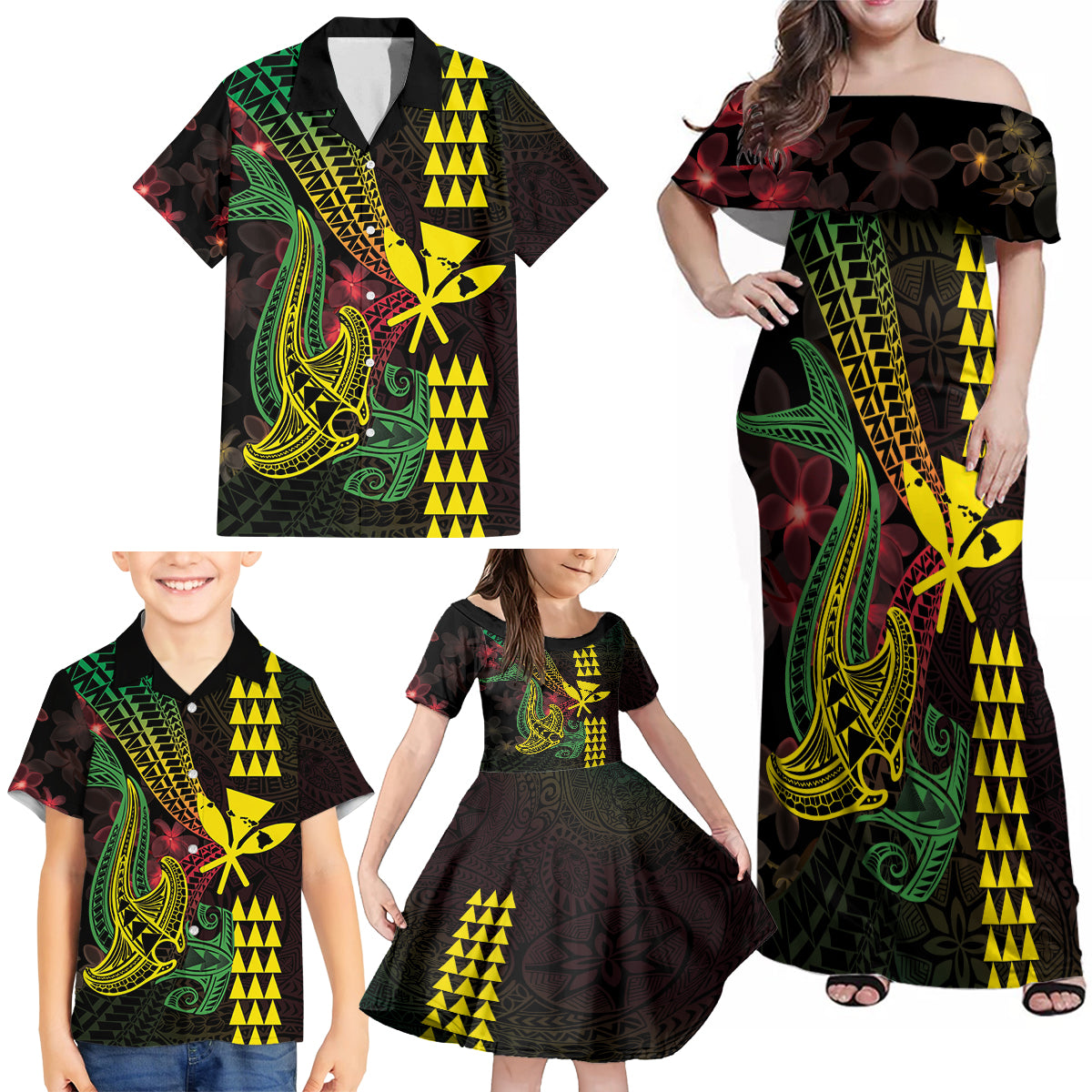Hawaii Kakau Hammerhead Shark Family Matching Off Shoulder Maxi Dress and Hawaiian Shirt Neon Plumeria Pattern LT01 - Polynesian Pride