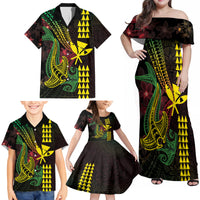 Hawaii Kakau Hammerhead Shark Family Matching Off Shoulder Maxi Dress and Hawaiian Shirt Neon Plumeria Pattern LT01 - Polynesian Pride