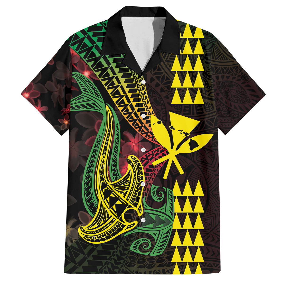 Hawaii Kakau Hammerhead Shark Family Matching Off Shoulder Maxi Dress and Hawaiian Shirt Neon Plumeria Pattern LT01 Dad's Shirt - Short Sleeve Black - Polynesian Pride