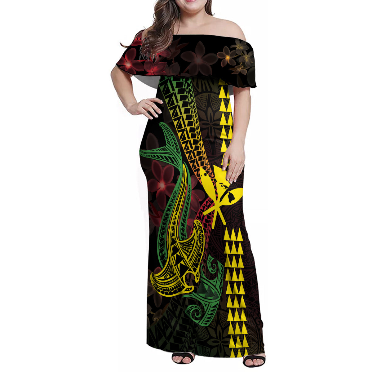 Hawaii Kakau Hammerhead Shark Family Matching Off Shoulder Maxi Dress and Hawaiian Shirt Neon Plumeria Pattern LT01 Mom's Dress Black - Polynesian Pride