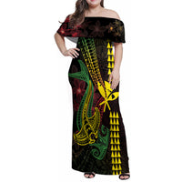 Hawaii Kakau Hammerhead Shark Family Matching Off Shoulder Maxi Dress and Hawaiian Shirt Neon Plumeria Pattern LT01 Mom's Dress Black - Polynesian Pride
