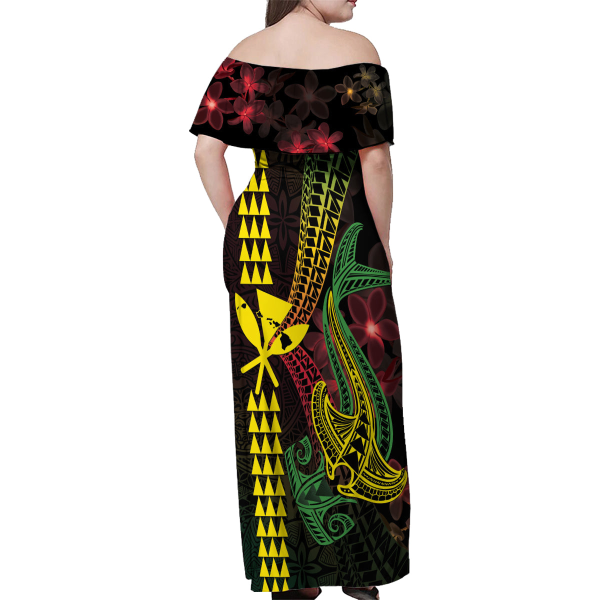 Hawaii Kakau Hammerhead Shark Family Matching Off Shoulder Maxi Dress and Hawaiian Shirt Neon Plumeria Pattern LT01 - Polynesian Pride