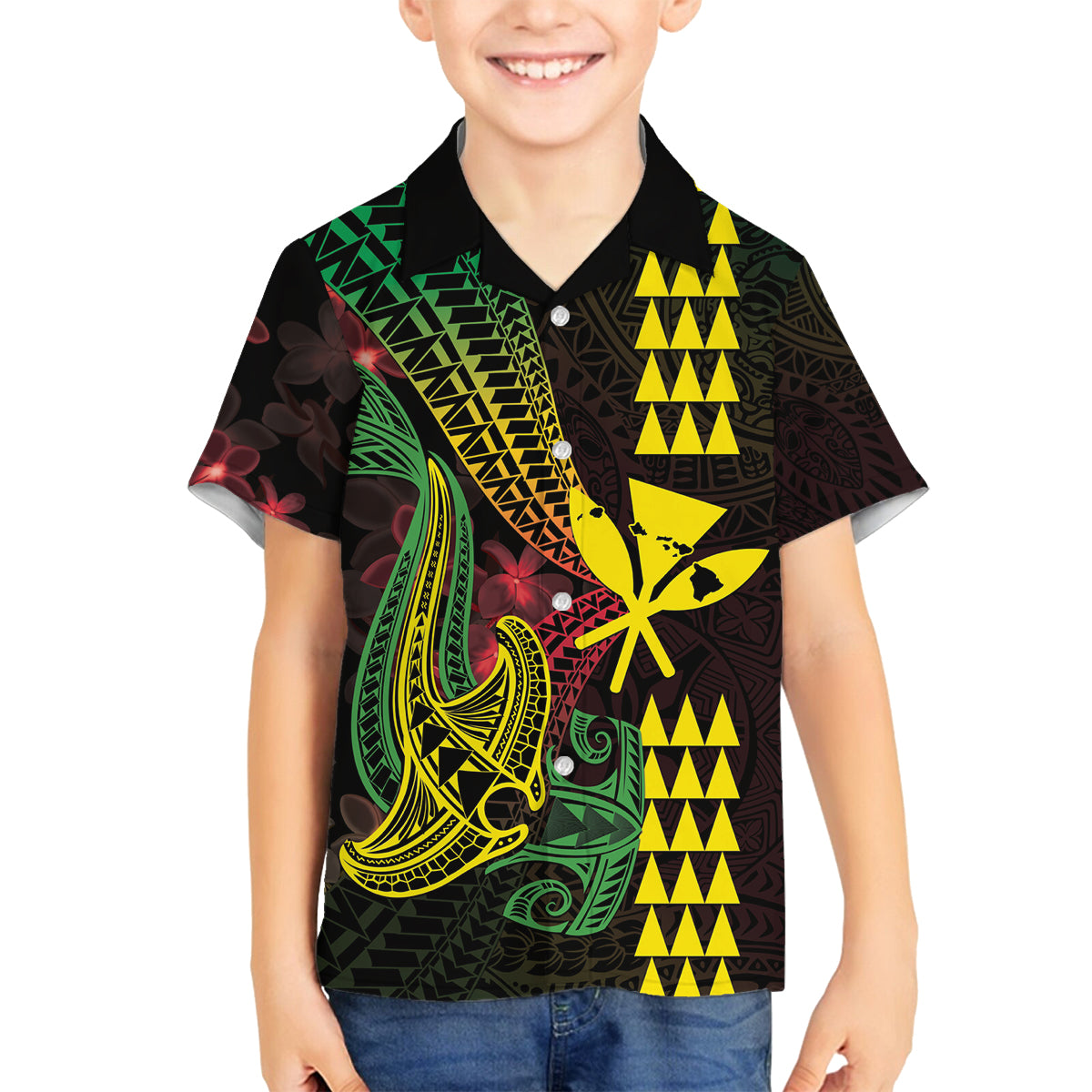 Hawaii Kakau Hammerhead Shark Family Matching Off Shoulder Maxi Dress and Hawaiian Shirt Neon Plumeria Pattern LT01 Son's Shirt Black - Polynesian Pride