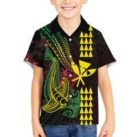 Hawaii Kakau Hammerhead Shark Family Matching Off Shoulder Maxi Dress and Hawaiian Shirt Neon Plumeria Pattern LT01 Son's Shirt Black - Polynesian Pride
