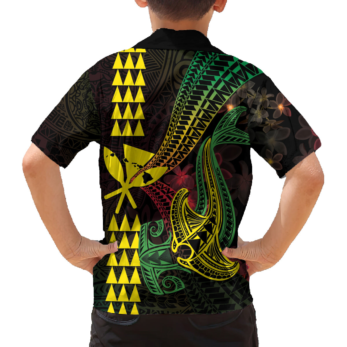 Hawaii Kakau Hammerhead Shark Family Matching Puletasi and Hawaiian Shirt Neon Plumeria Pattern LT01 - Polynesian Pride