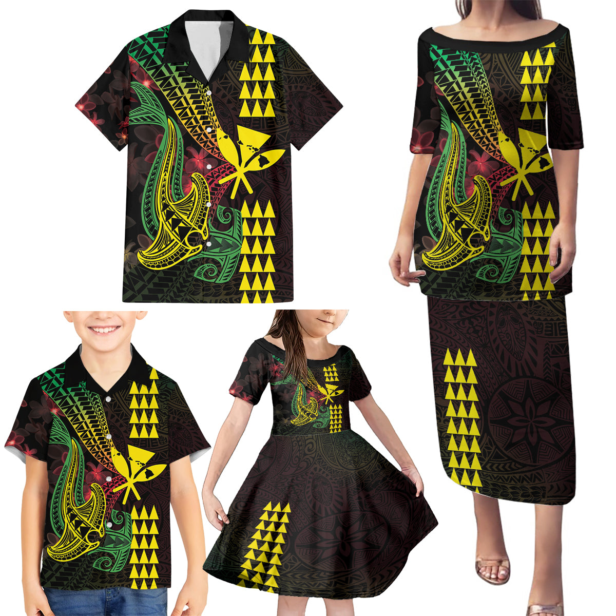 Hawaii Kakau Hammerhead Shark Family Matching Puletasi and Hawaiian Shirt Neon Plumeria Pattern LT01 - Polynesian Pride