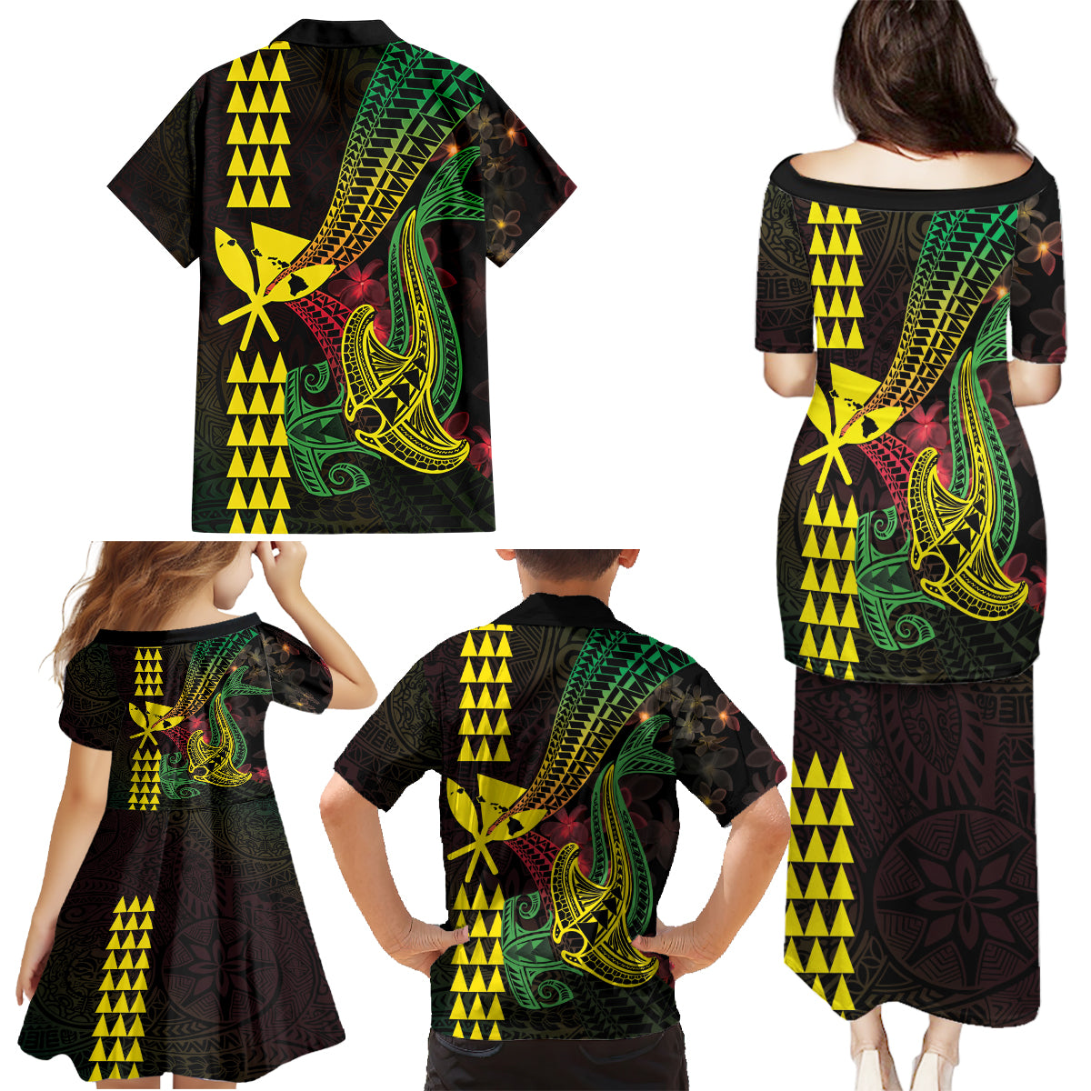 Hawaii Kakau Hammerhead Shark Family Matching Puletasi and Hawaiian Shirt Neon Plumeria Pattern LT01 - Polynesian Pride