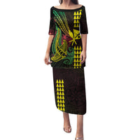 Hawaii Kakau Hammerhead Shark Family Matching Puletasi and Hawaiian Shirt Neon Plumeria Pattern LT01 Mom's Dress Black - Polynesian Pride