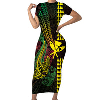 Hawaii Kakau Hammerhead Shark Family Matching Short Sleeve Bodycon Dress and Hawaiian Shirt Neon Plumeria Pattern