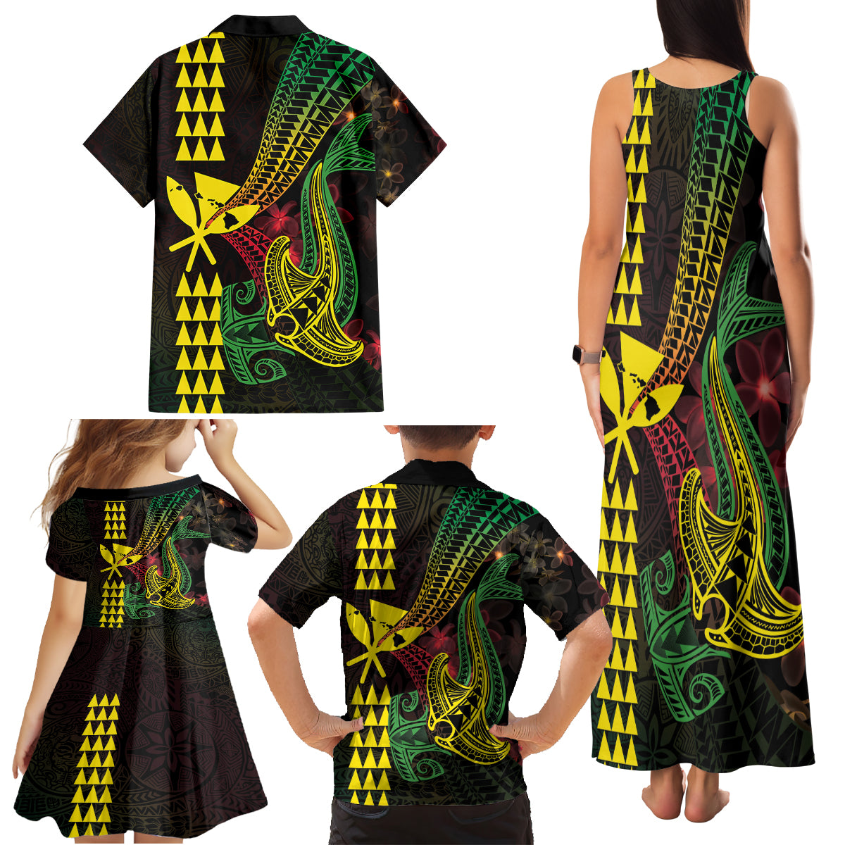 Hawaii Kakau Hammerhead Shark Family Matching Tank Maxi Dress and Hawaiian Shirt Neon Plumeria Pattern