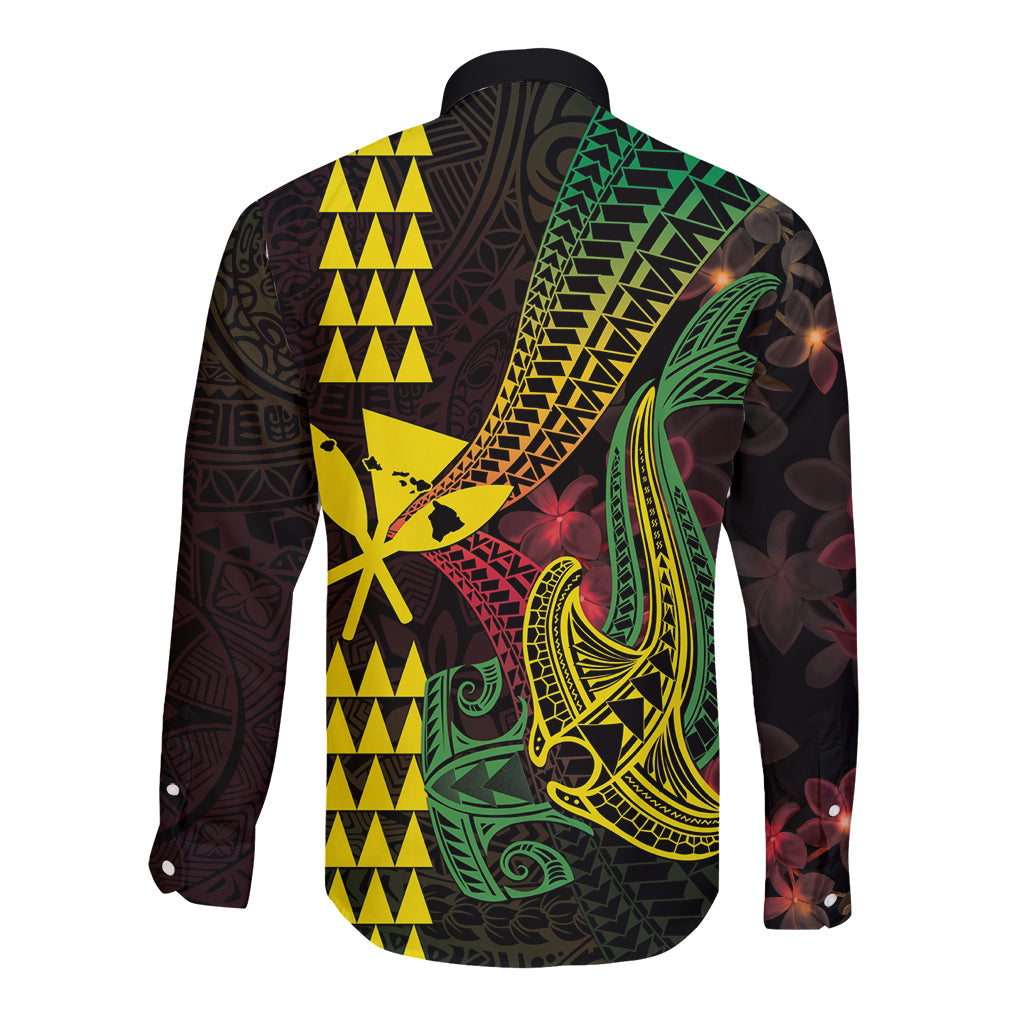 Hawaii Kakau Hammerhead Shark Long Sleeve Button Shirt Neon Plumeria Pattern LT01 - Polynesian Pride
