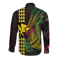 Hawaii Kakau Hammerhead Shark Long Sleeve Button Shirt Neon Plumeria Pattern LT01 - Polynesian Pride