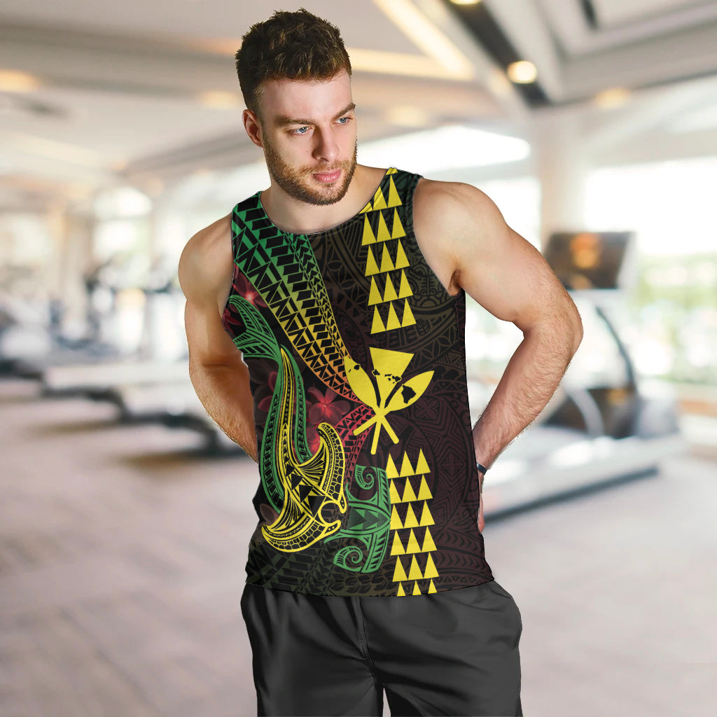 Hawaii Kakau Hammerhead Shark Men Tank Top Neon Plumeria Pattern LT01 Black - Polynesian Pride