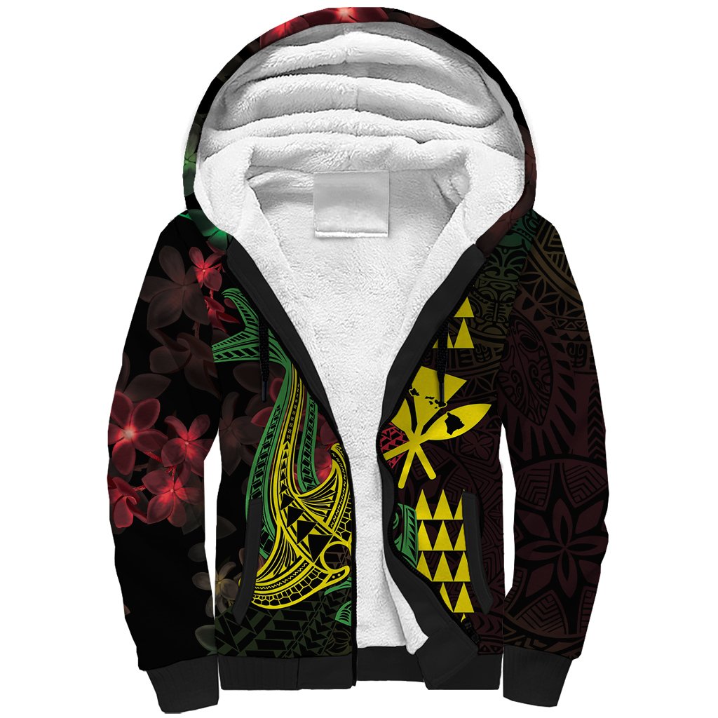 Hawaii Kakau Hammerhead Shark Sherpa Hoodie Neon Plumeria Pattern