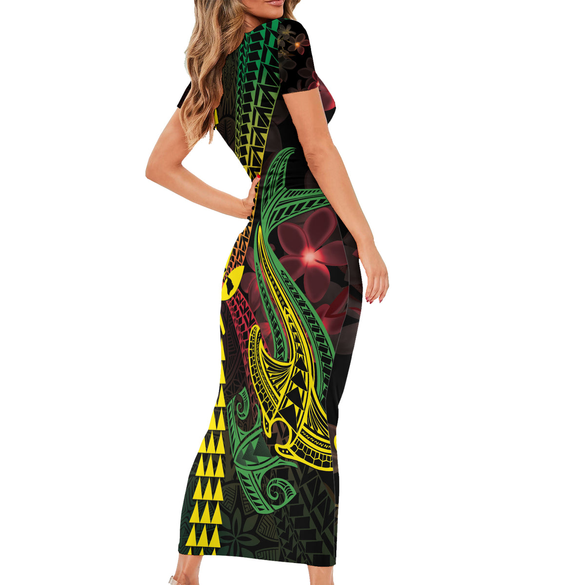 Hawaii Kakau Hammerhead Shark Short Sleeve Bodycon Dress Neon Plumeria Pattern