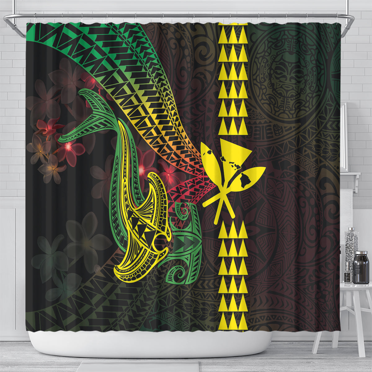 Hawaii Kakau Hammerhead Shark Shower Curtain Neon Plumeria Pattern LT01 - Polynesian Pride